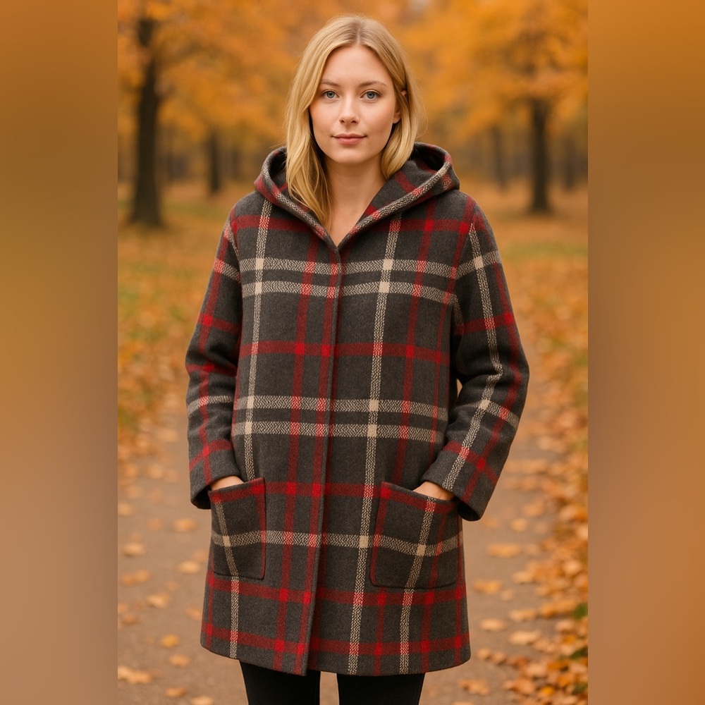 Tahari Open Front Wool Blend Coat Cape Plaid Grey Red Small Bohemian Country